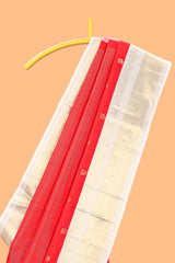 Bright red peacock motifs checked parambariya pattu saree with contrast golden zari border and contrasting pallu designed with geometric patterns and peacock motifs