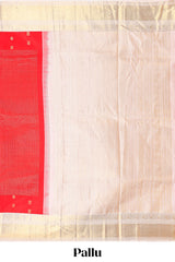 Bright red peacock motifs checked parambariya pattu saree with contrast golden zari border and contrasting pallu designed with geometric patterns and peacock motifs