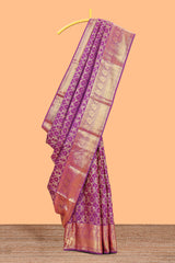 Plum magenta gold floral-vine jaal pattern parambariya pattu saree with self peacock zari border and pallu