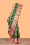 Green Checked butta designed parambariya pattu saree with contrast elephant motif zari border and geometric zari pallu