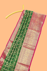 Green Checked butta designed parambariya pattu saree with contrast elephant motif zari border and geometric zari pallu