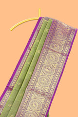 Olive green checked with floral motifs parambariya pattu saree with circular zari medallion border with striped zari designed pallu