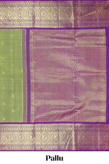 Olive green checked with floral motifs parambariya pattu saree with circular zari medallion border with striped zari designed pallu