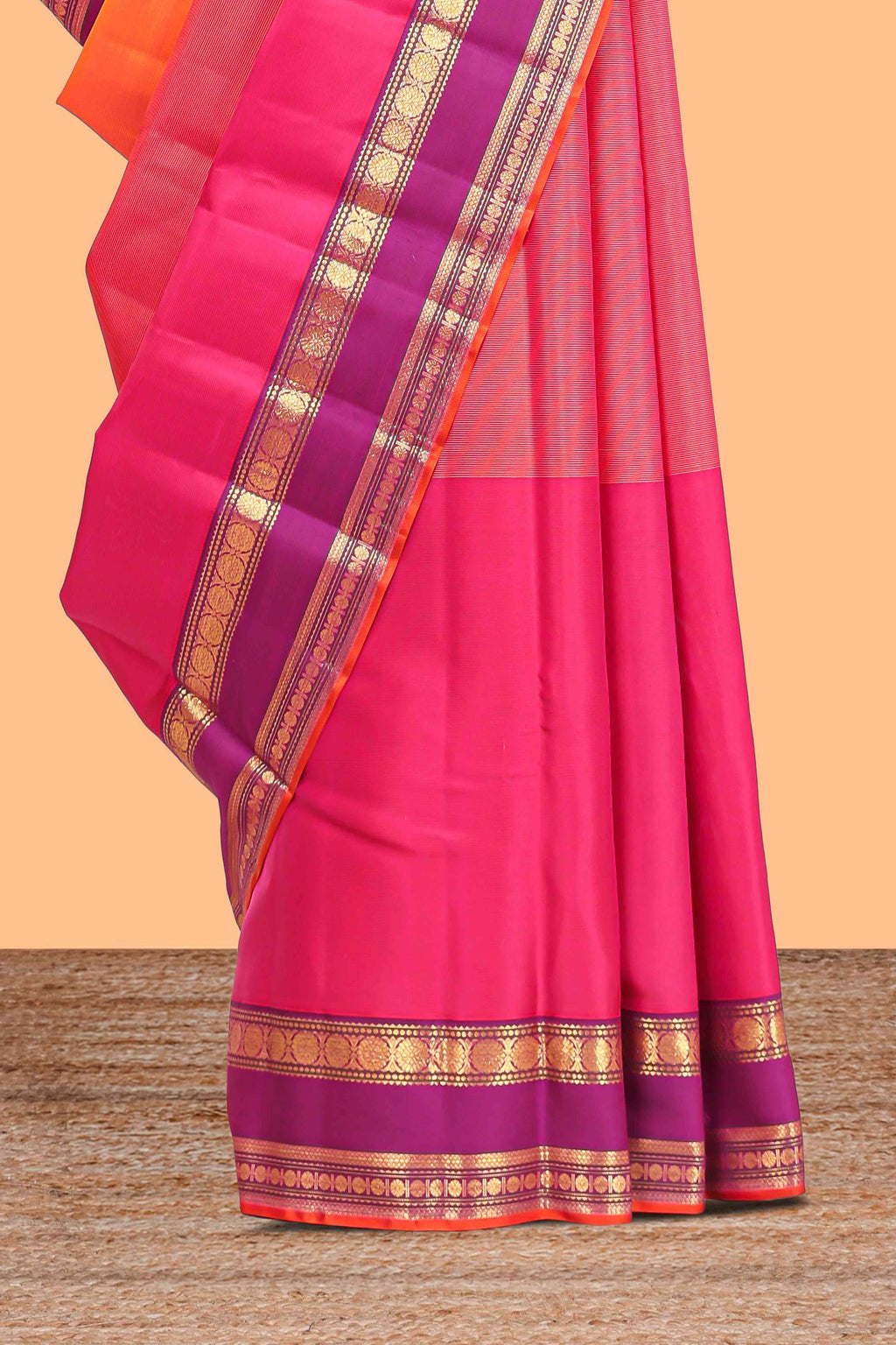 Multicolor plain parambariya pattu saree with contrast purple stripe with zari edging with zari butta pallu with floral blouse