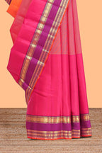 Multicolor plain parambariya pattu saree with contrast purple stripe with zari edging with zari butta pallu with floral blouse
