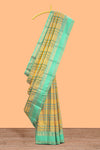 Mustard yellow checked parambariya pattu saree with zari buttas with contrast turquoise green border with zari pallu and plain blouse