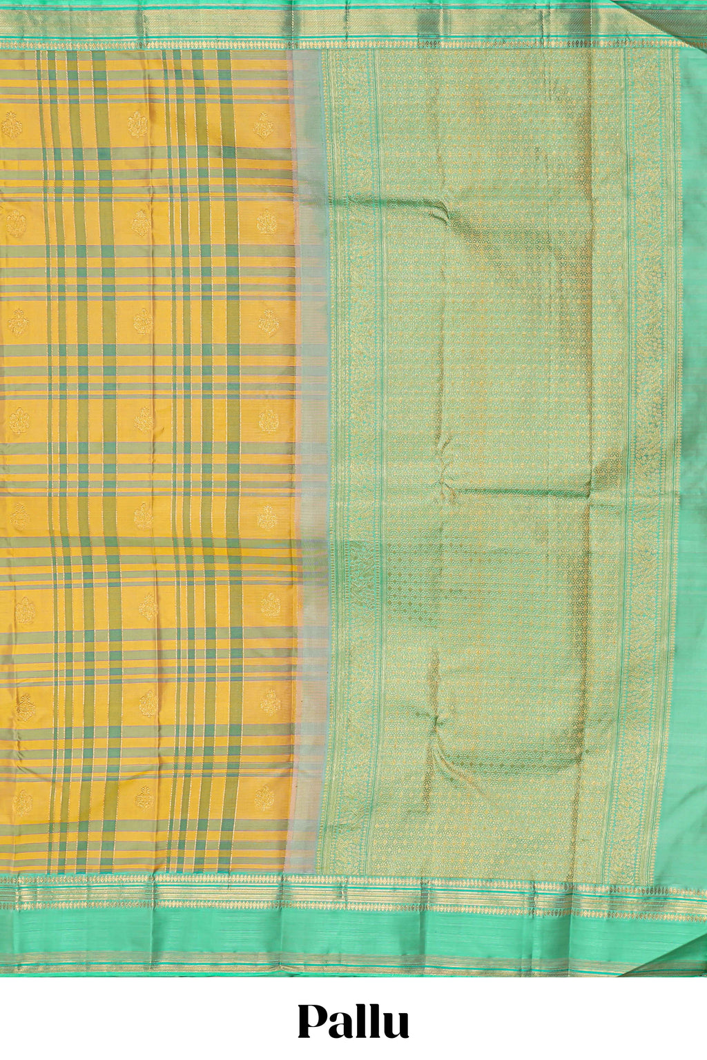 Mustard yellow checked parambariya pattu saree with zari buttas with contrast turquoise green border with zari pallu and plain blouse