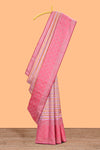 Soft pastel pink zari striped parambariya pattu saree with checked zari border with buttas and pallu comes with plain blush pink blouse