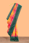 Multicolor striped and checkedparambariya pattu saree with contrst dark green border and pallu along with plain pallu