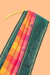 Multicolor striped and checkedparambariya pattu saree with contrst dark green border and pallu along with plain pallu