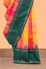 Multicolor striped and checkedparambariya pattu saree with contrst dark green border and pallu along with plain pallu