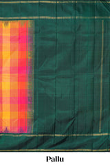 Multicolor striped and checkedparambariya pattu saree with contrst dark green border and pallu along with plain pallu