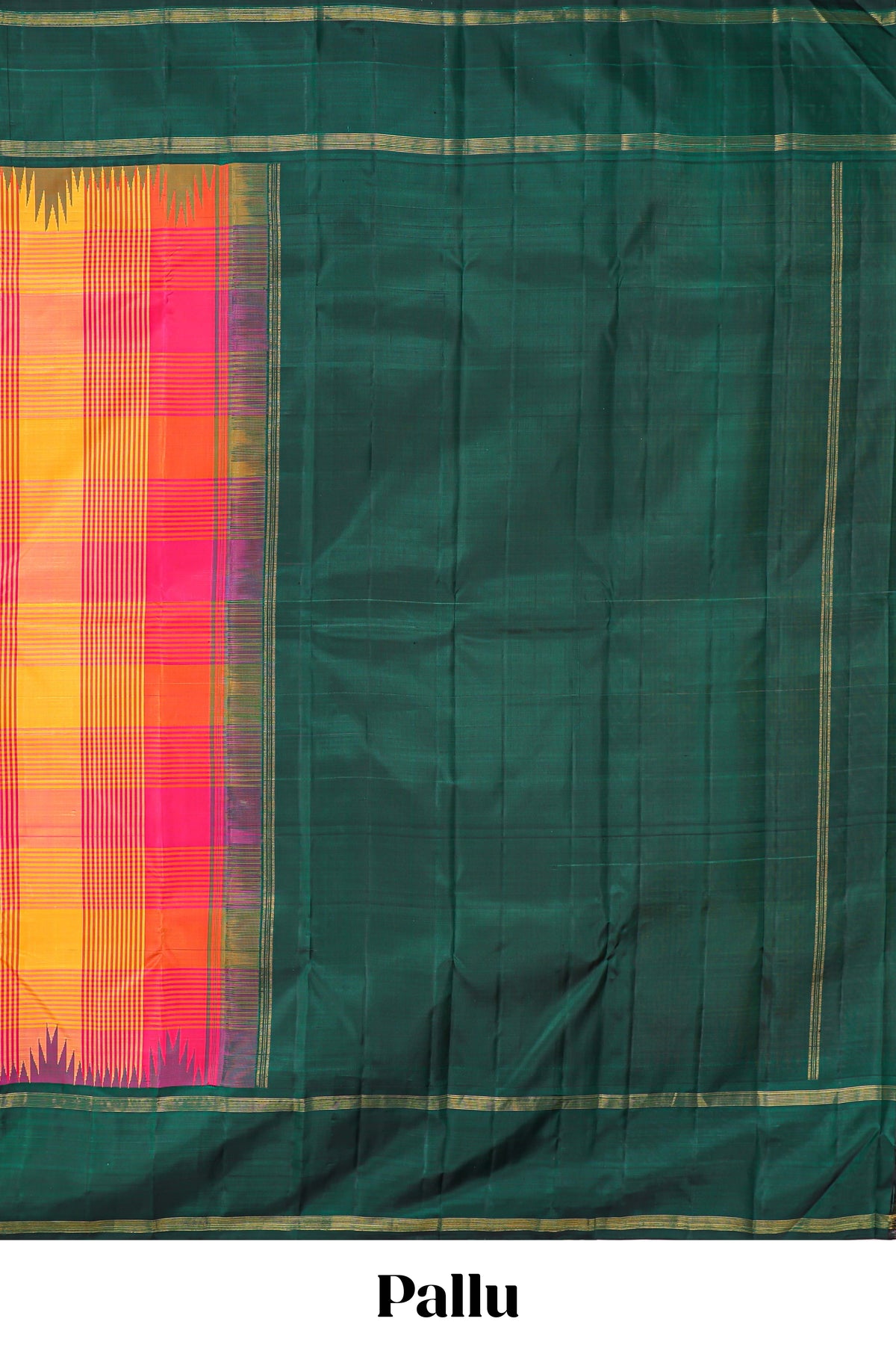 Multicolor striped and checked  parambariya pattu saree with contrst dark green border and pallu along with plain pallu