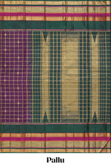 Purple color zari checked parambariya pattu saree with deep green border with zari stripes and contrast checked pallu with blouse