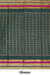 Purple color zari checked parambariya pattu saree with deep green border with zari stripes and contrast checked pallu with blouse