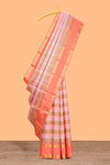 Peach pink with tonal shades checked parambariya pattu saree with contrast border and zari pallu comes with plain blouse