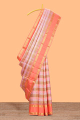 Peach pink with tonal shades checked parambariya pattu saree with contrast border and zari pallu comes with plain blouse