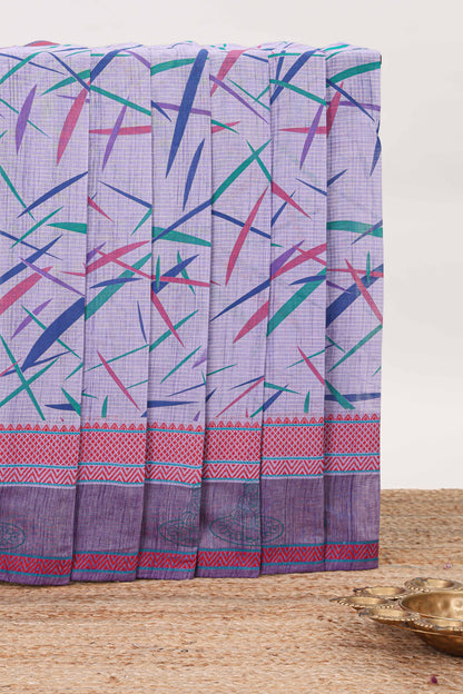 Lavender checked bamboo leaf design chirala cotton saree with self border and matching blouse
