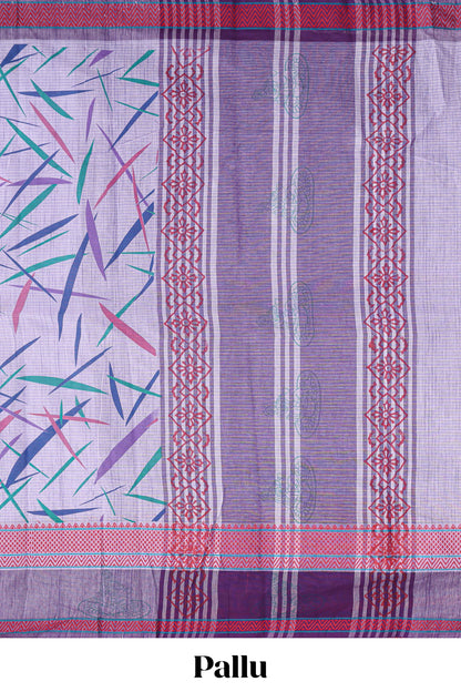 Lavender checked bamboo leaf design chirala cotton saree with self border and matching blouse