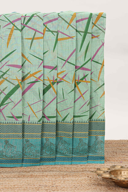 Green checked bamboo leaf design chirala cotton saree with self border and matching blouse