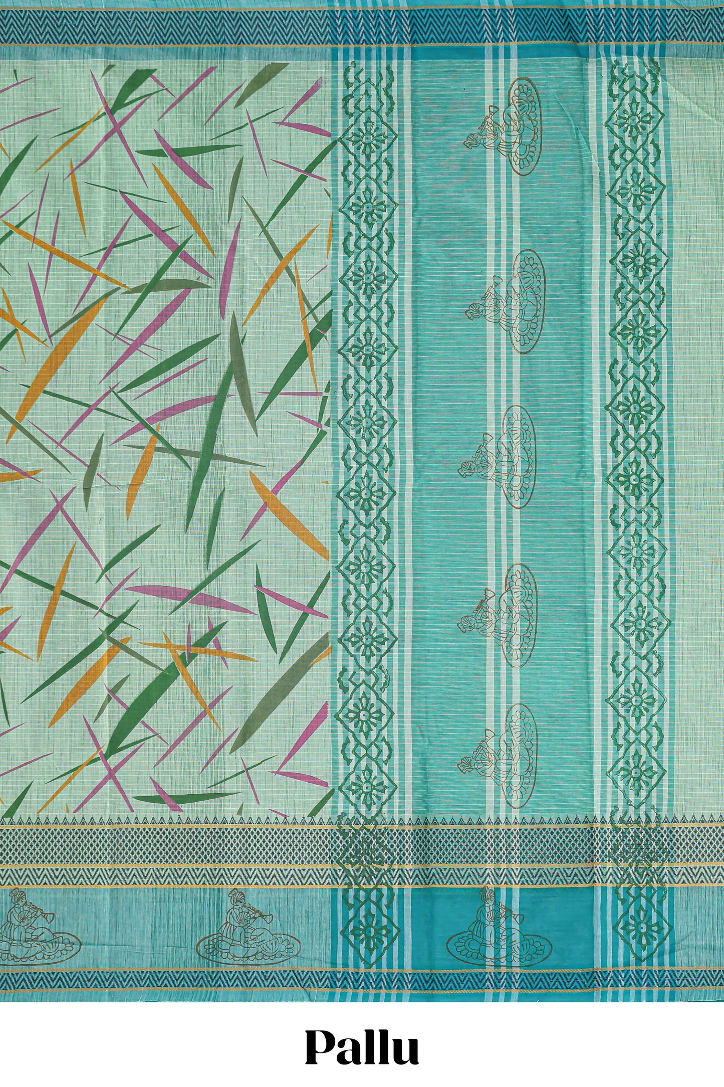 Green checked bamboo leaf design chirala cotton saree with self border and matching blouse