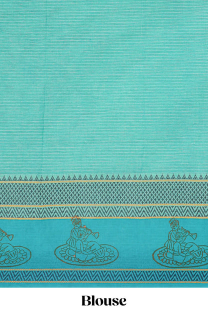 Green checked bamboo leaf design chirala cotton saree with self border and matching blouse