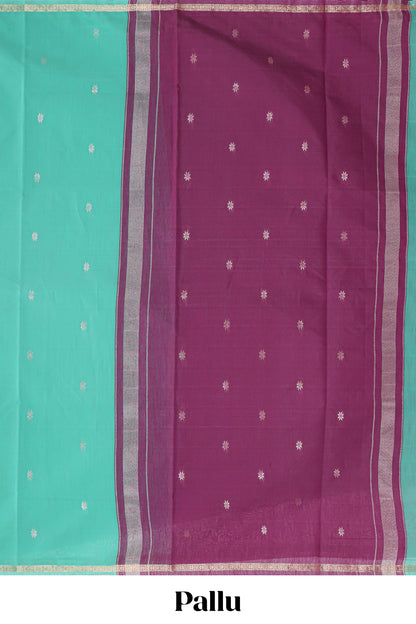 Turquiose green floral motifs maheshwari cotton saree with self zari border and contrast blouse
