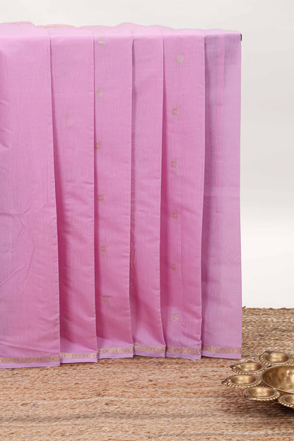 Pink floral motifs maheshwari cotton saree with self zari border and contrast blouse
