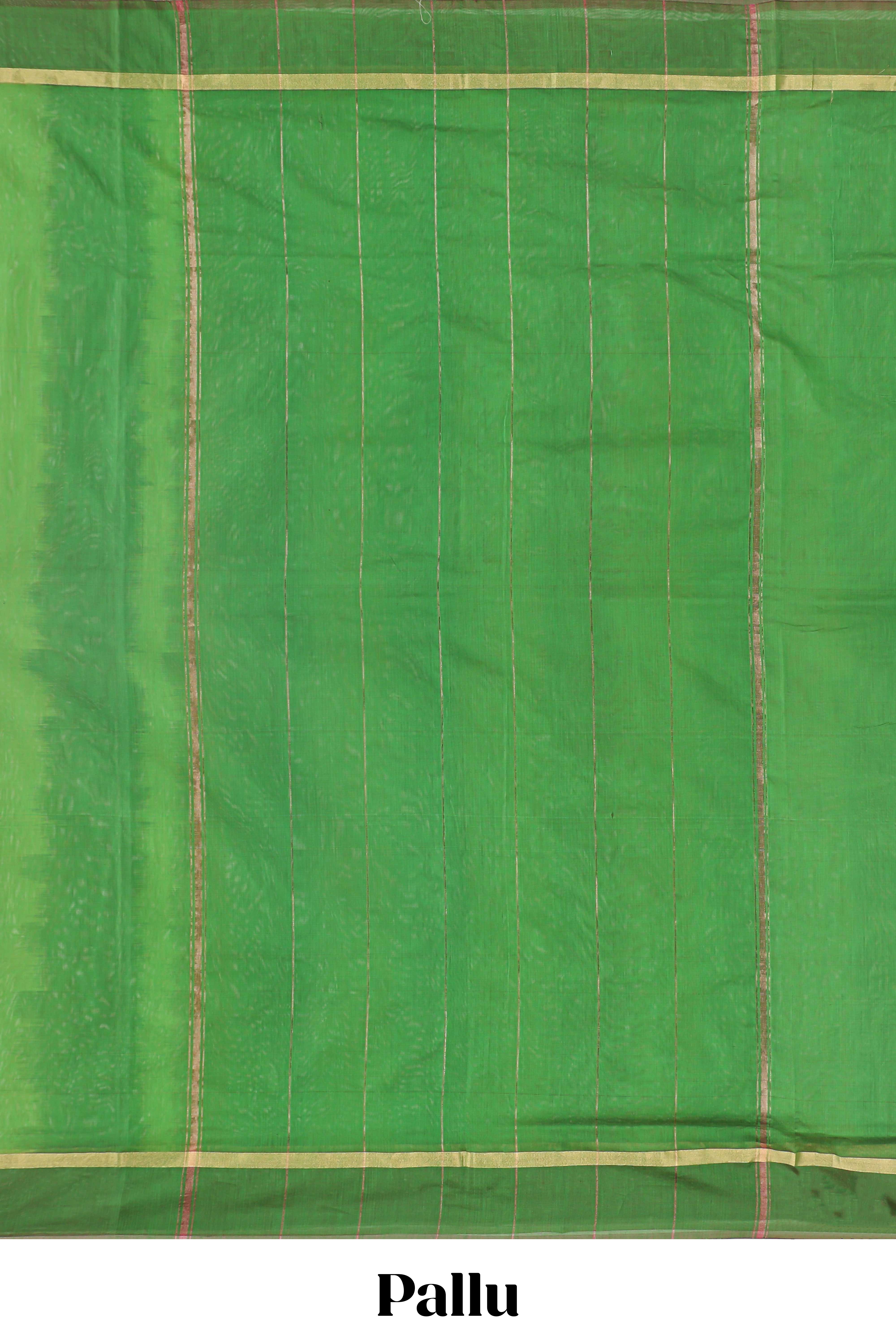 Green plain ikkat cotton saree with self border and zari striped pallu