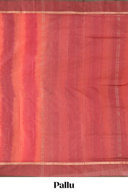 Brick red plain ikkat cotton saree with self border and zari striped pallu