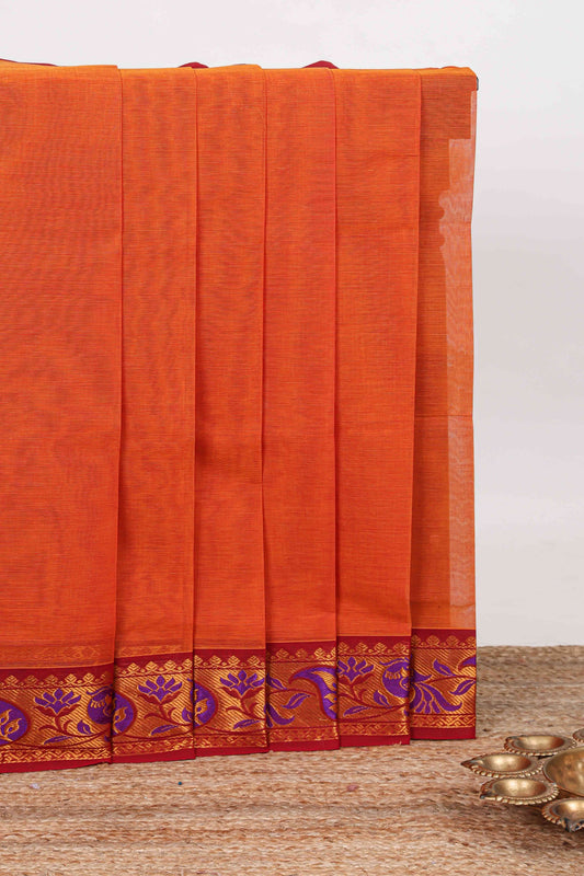 Orange plain venkatagiri cotton saree with contrast zari design border and striped pallu