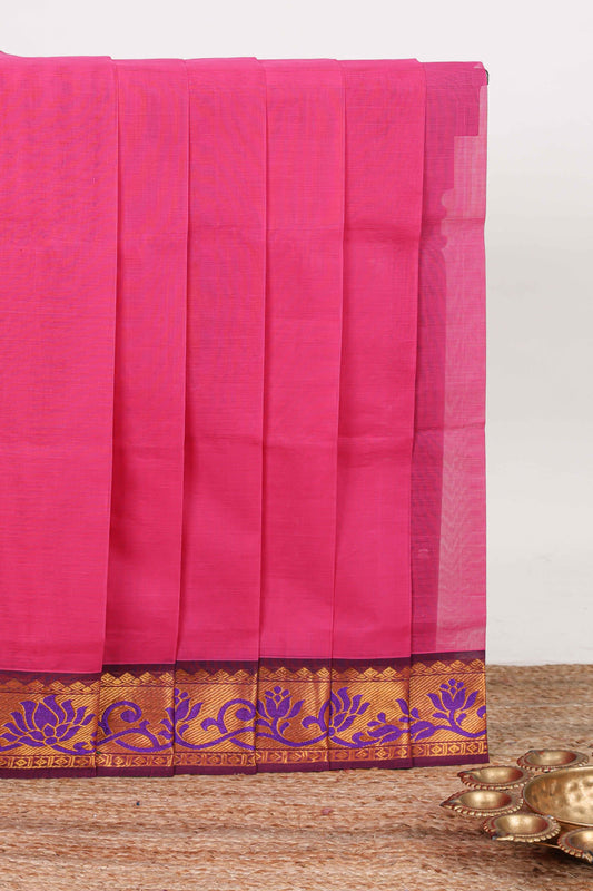 Pink plain venkatagiri cotton saree with contrast zari design border and striped pallu