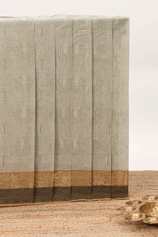 Beige unique design kovai cotton saree with contrast border and matching pallu