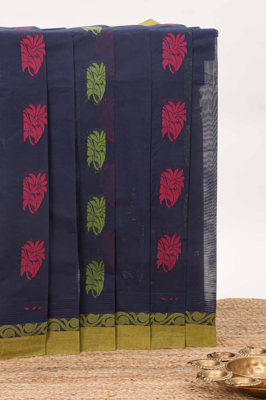 Blue floral motifs kovai cotton saree with contrast border and matching pallu