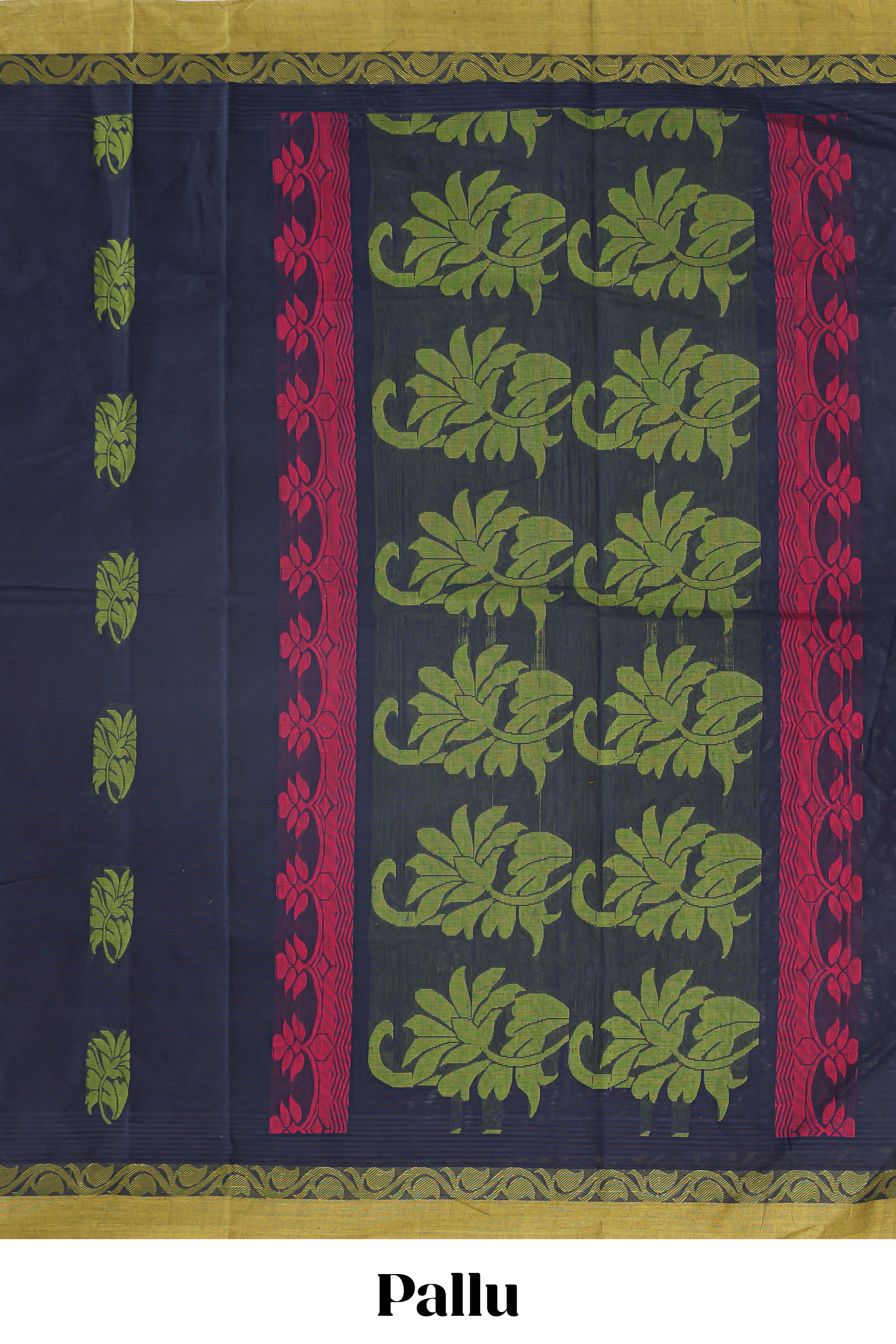 Blue floral motifs kovai cotton saree with contrast border and matching pallu