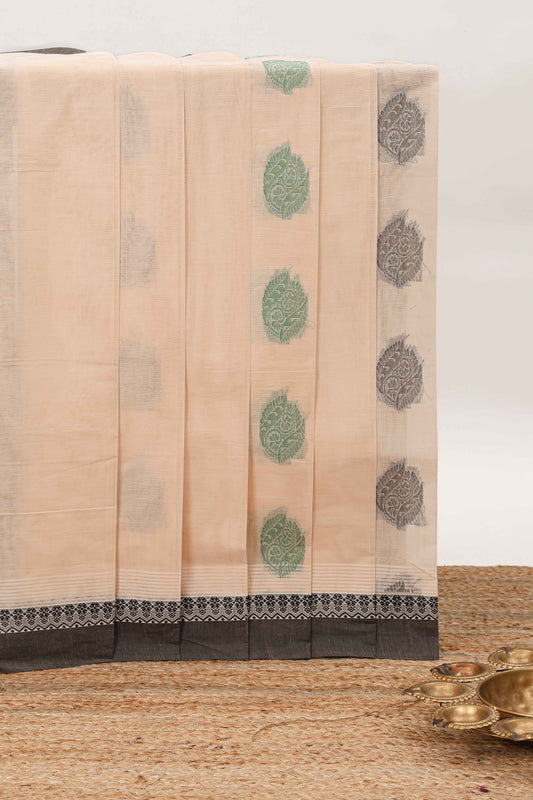 Sandal floral motifs kovai cotton saree with contrast border and matching pallu