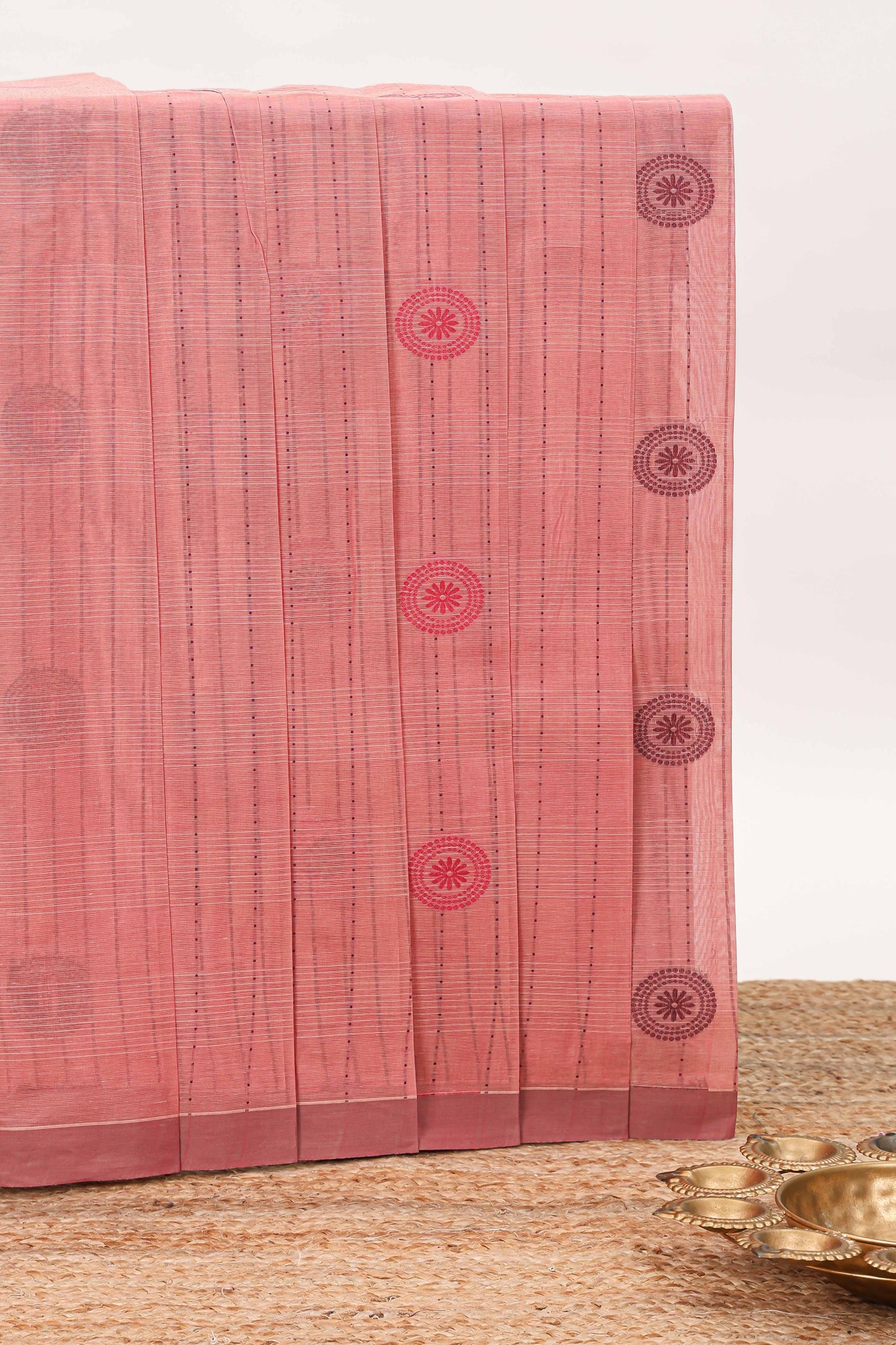 Onion pink floral motifs kovai cotton saree with self border and matching pallu
