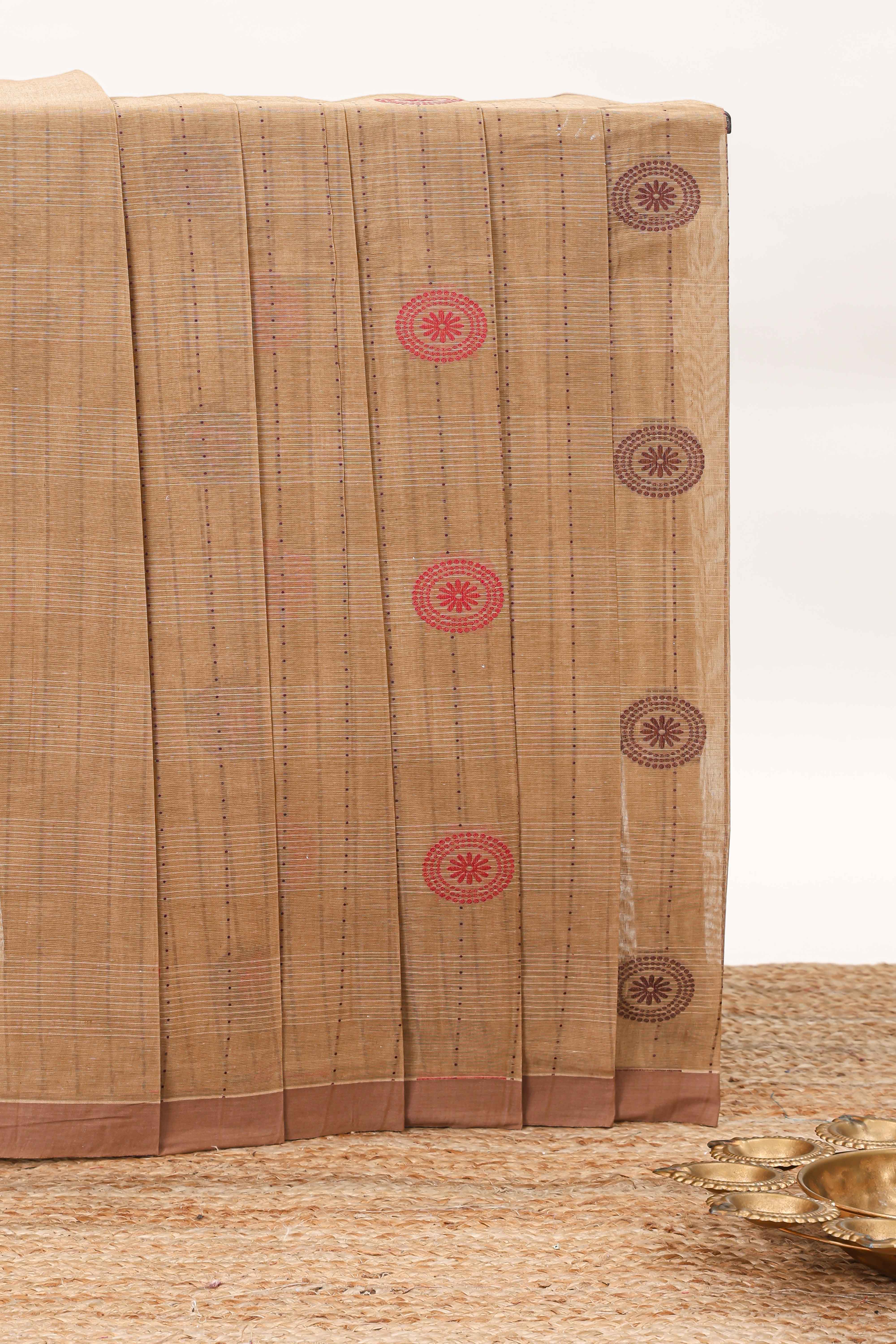 Brown floral motifs kovai cotton saree with self border and matching pallu