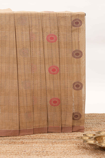 Brown floral motifs kovai cotton saree with self border and matching pallu
