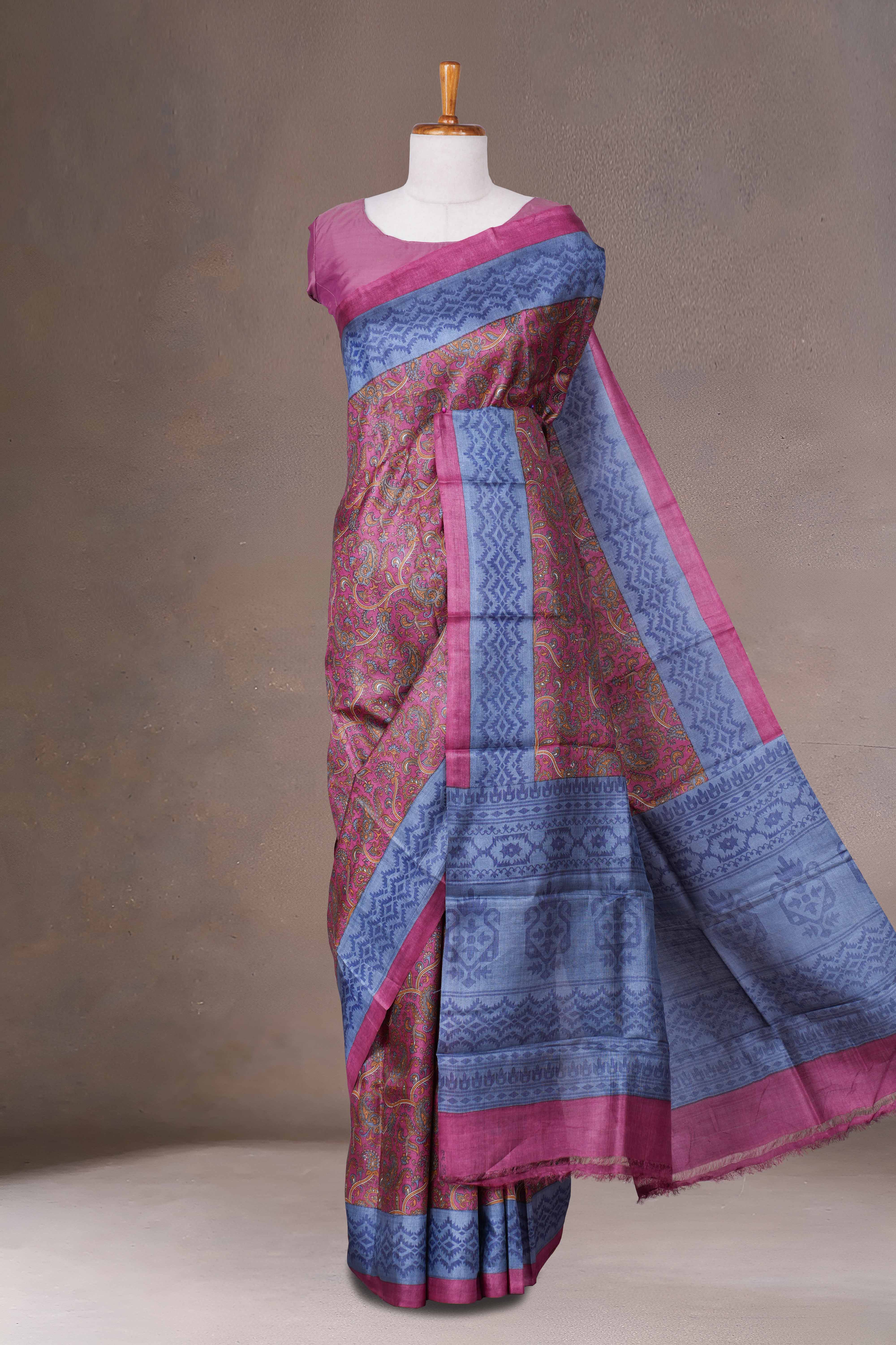Paisley printed tussar silk saree