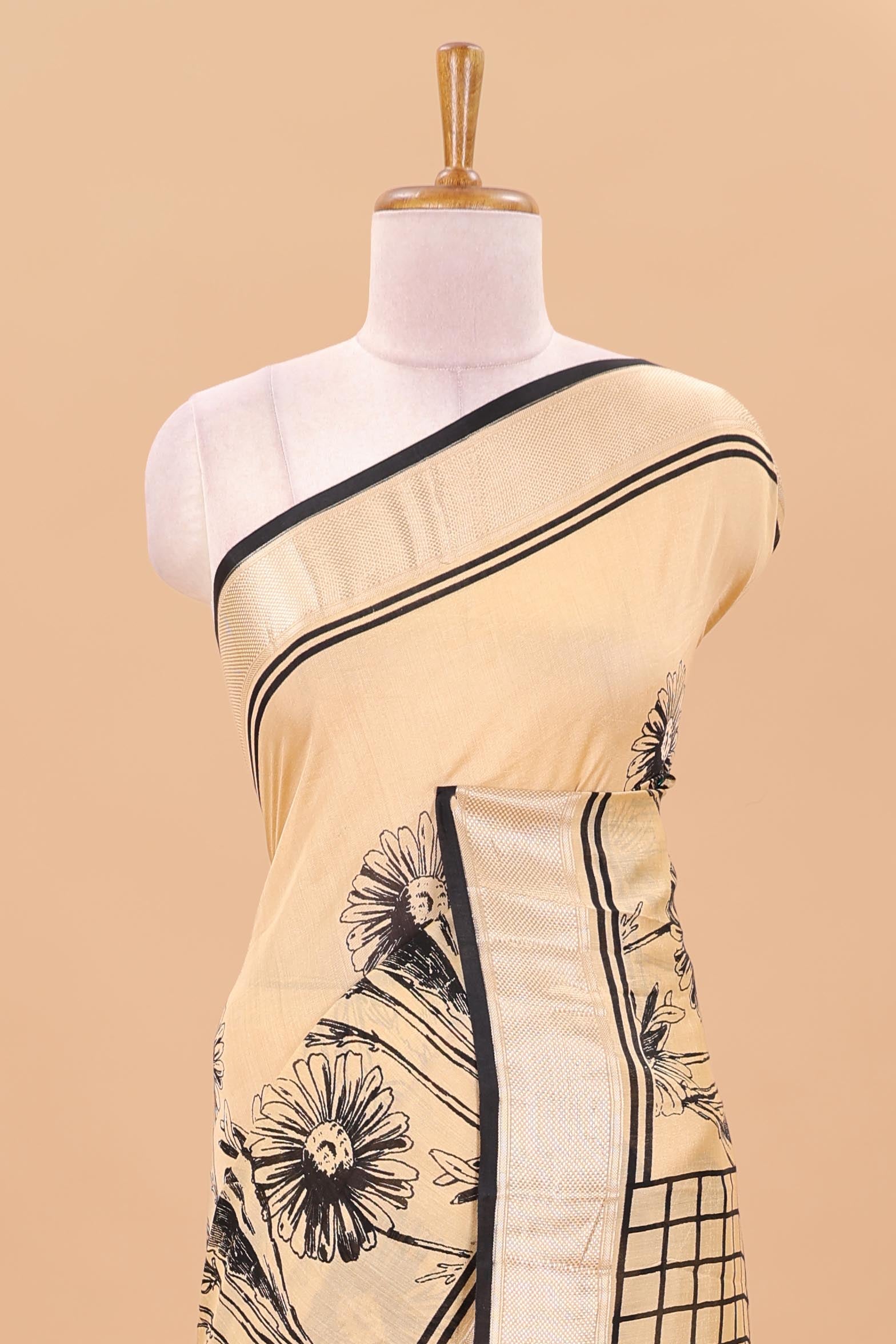 Pastal orange floral print chanderi saree