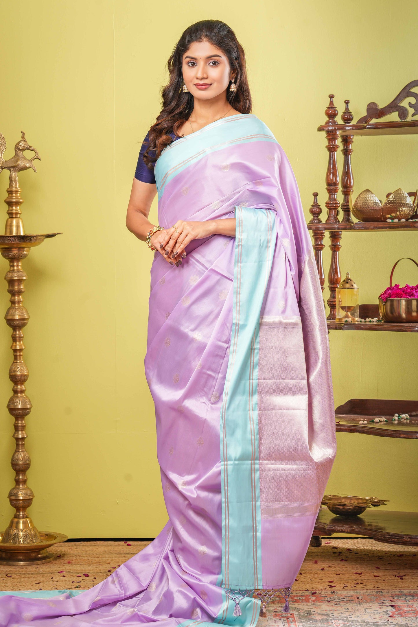 Pastel lavender semi soft silk zari butta saree
