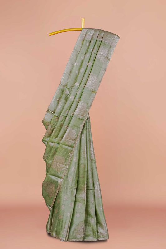 Pastel olive green tussar silk saree