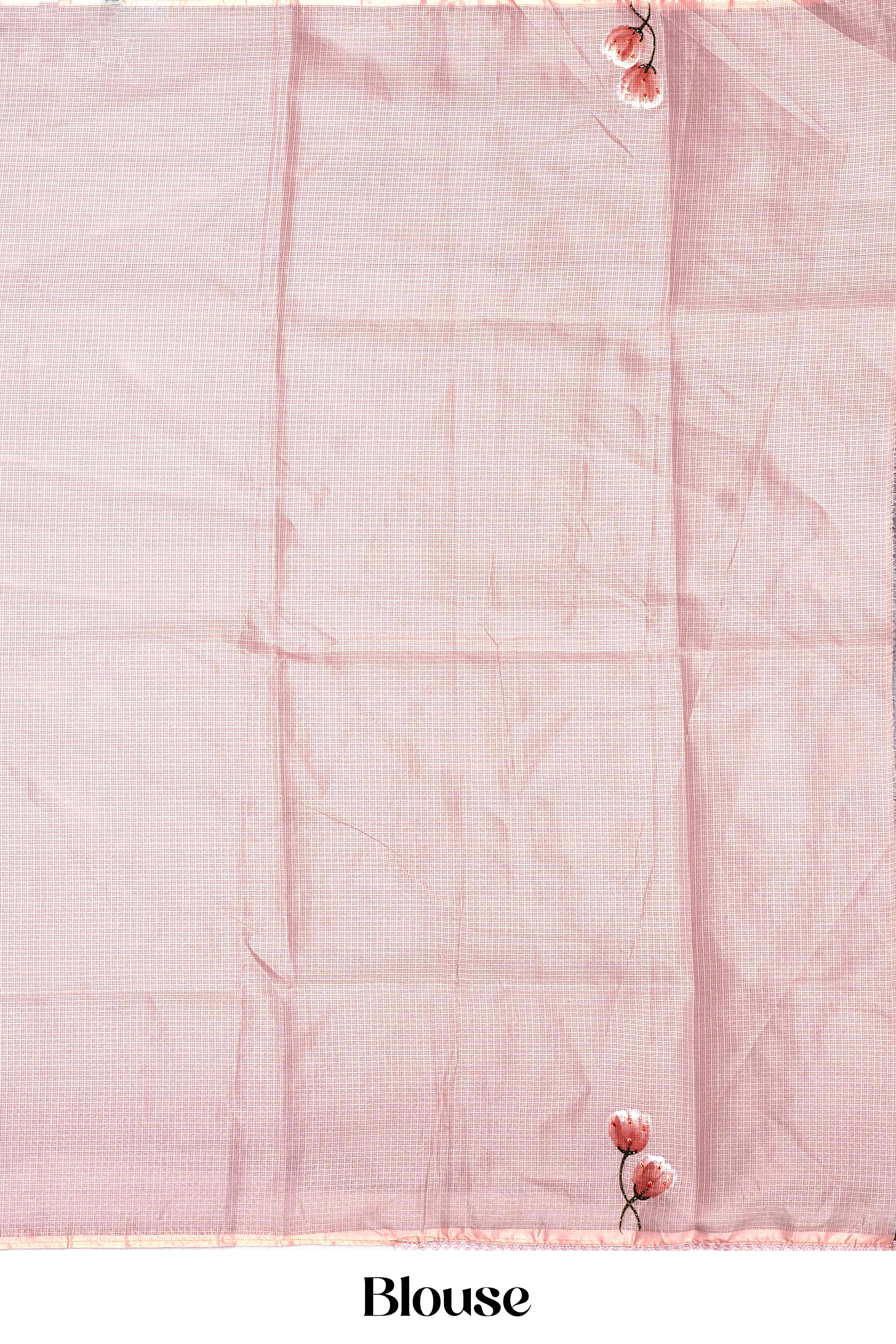 Peach Kota cotton saree with elegant border and detailed pallu