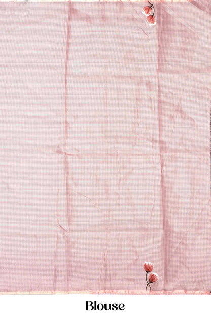 Peach Kota cotton saree with elegant border and detailed pallu