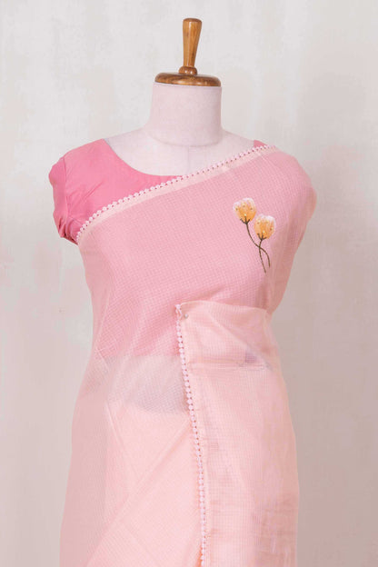 Peach Kota cotton saree with hand brush print doria design