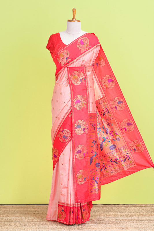 Peach art silk mayil motif saree
