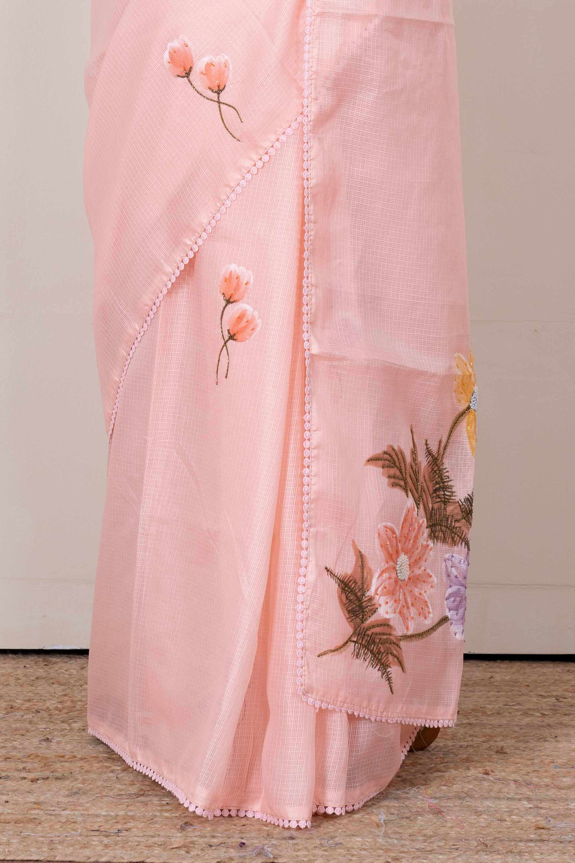 Peach casual Kota cotton saree with doria print border and pallu