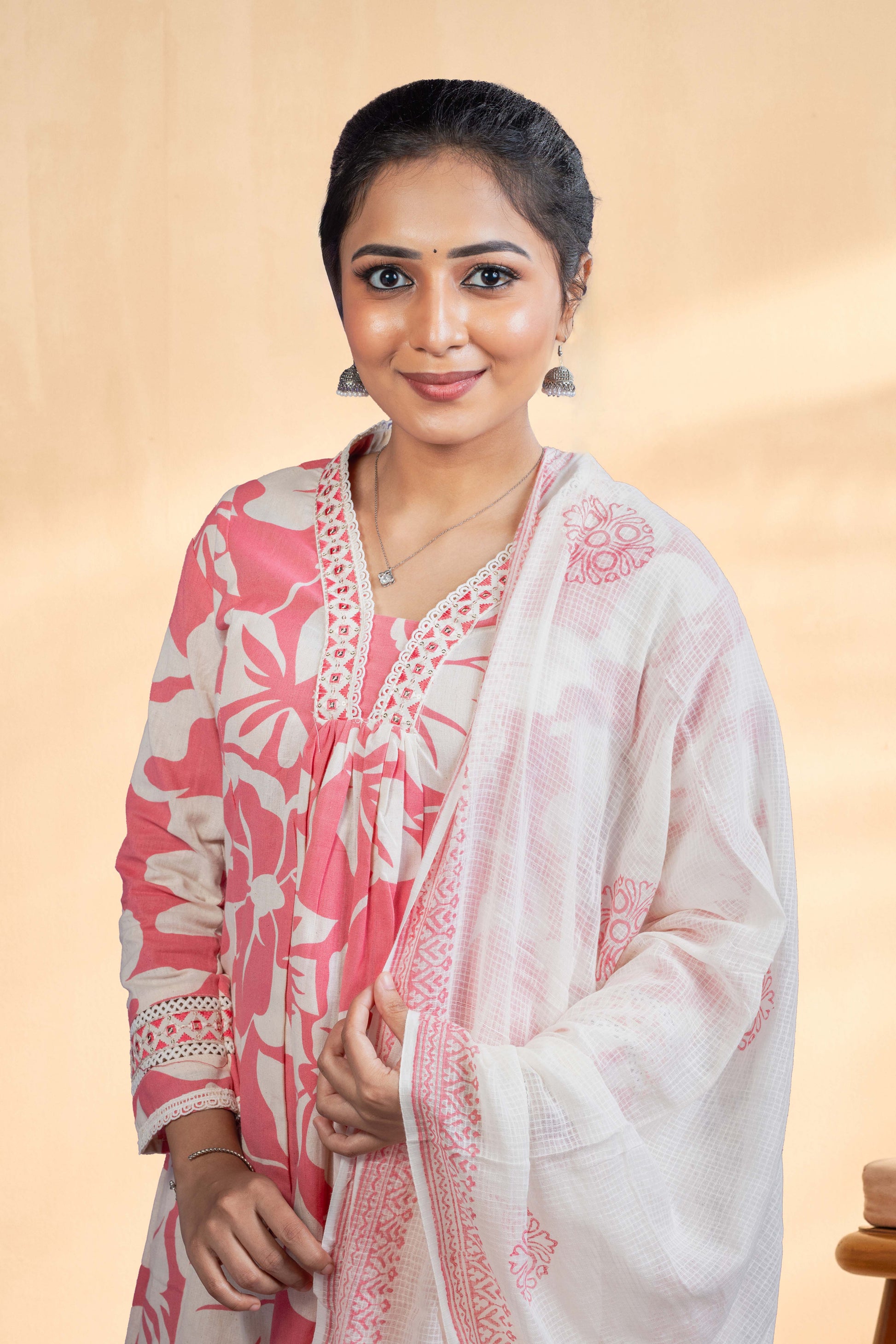 Peach cotton printed ethnic suit