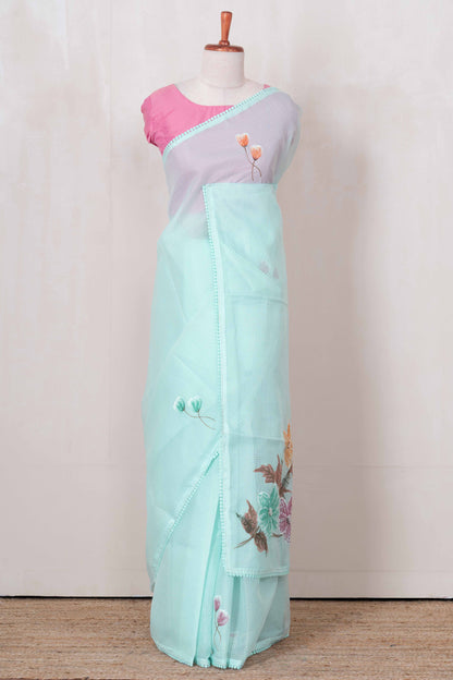 Peach doria hand brush print across the body along Kota cotton saree